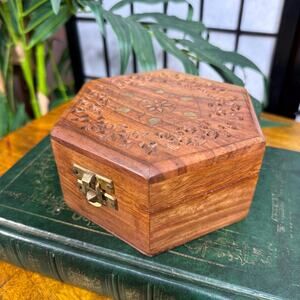 Vintage Trinket Box Wood Hexagon Jewelry Box Hinged Floral